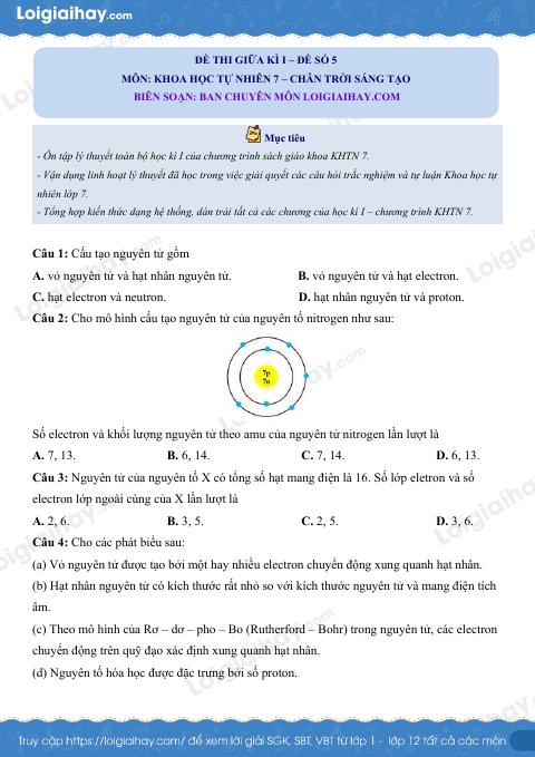 Đề thi giữa kì 1 KHTN 7 Chân trời sáng tạo - Đề số 5
